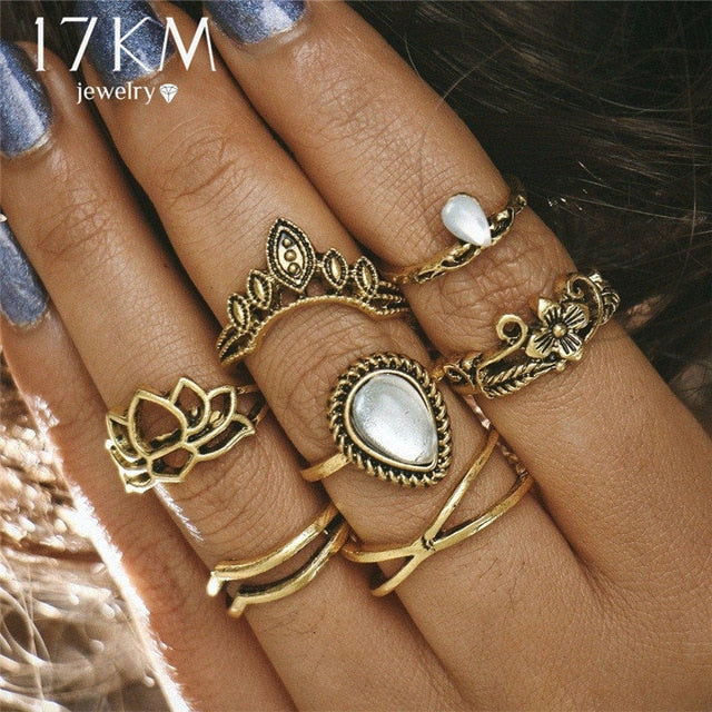 17KM 20 Design Vintage Gold Star Moon Rings Set For Women BOHO Opal Crystal Midi Finger Ring 2019 Female Bohemian Jewelry Gifts