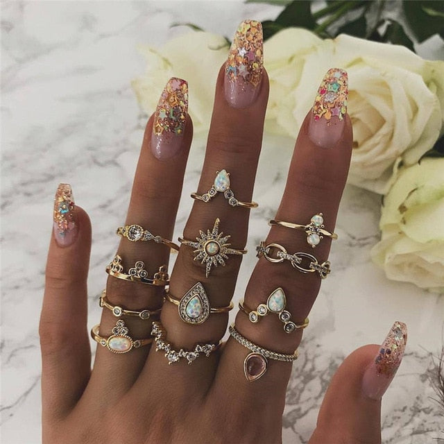 17KM 20 Design Vintage Gold Star Moon Rings Set For Women BOHO Opal Crystal Midi Finger Ring 2019 Female Bohemian Jewelry Gifts