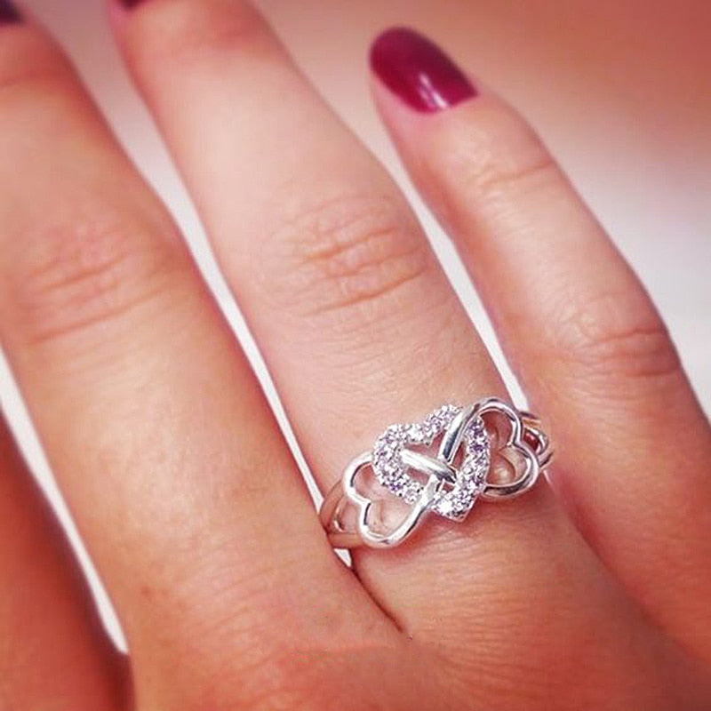 Minimalist Three Heart Silver Color Rings for Women Sweet Engagement Wedding Couple Ring Fashion Cute Bijoux Jewelry O3M228