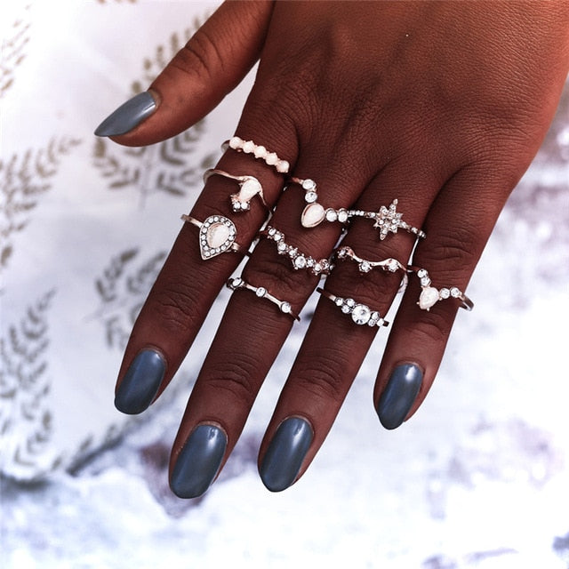 17KM 20 Design Vintage Gold Star Moon Rings Set For Women BOHO Opal Crystal Midi Finger Ring 2019 Female Bohemian Jewelry Gifts