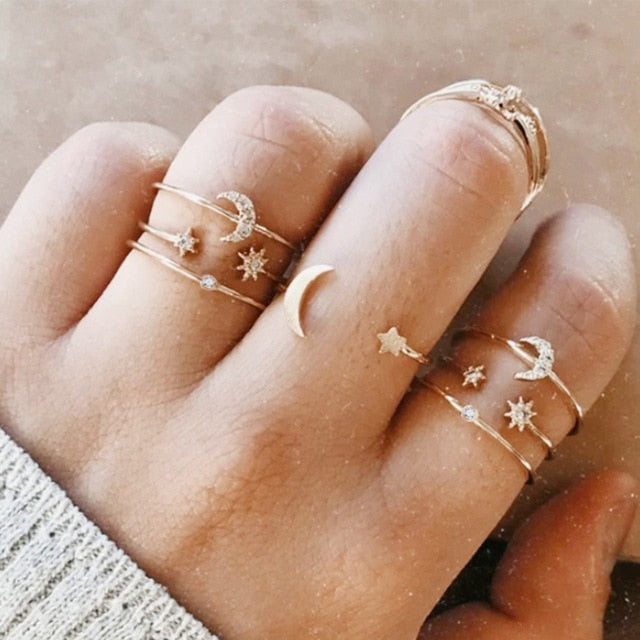 17KM 20 Design Vintage Gold Star Moon Rings Set For Women BOHO Opal Crystal Midi Finger Ring 2019 Female Bohemian Jewelry Gifts