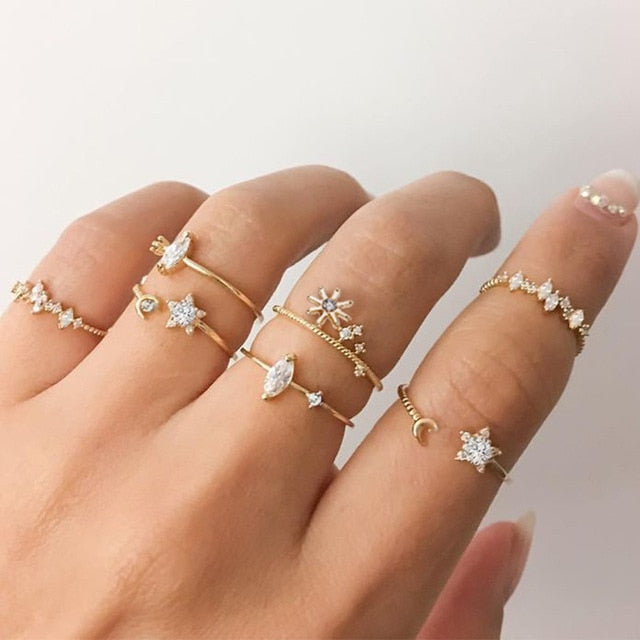 17KM 20 Design Vintage Gold Star Moon Rings Set For Women BOHO Opal Crystal Midi Finger Ring 2019 Female Bohemian Jewelry Gifts