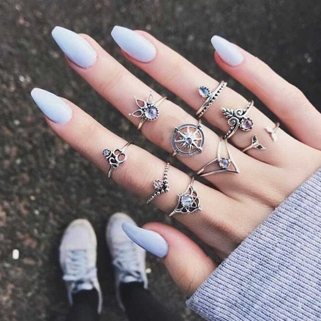 IPARAM 9 Pcs/set Bohemian Mermaid Tail Compass Yoga Water Drop Hollow Carved crystal Women Ring Set