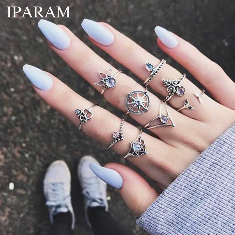 IPARAM 9 Pcs/set Bohemian Mermaid Tail Compass Yoga Water Drop Hollow Carved crystal Women Ring Set