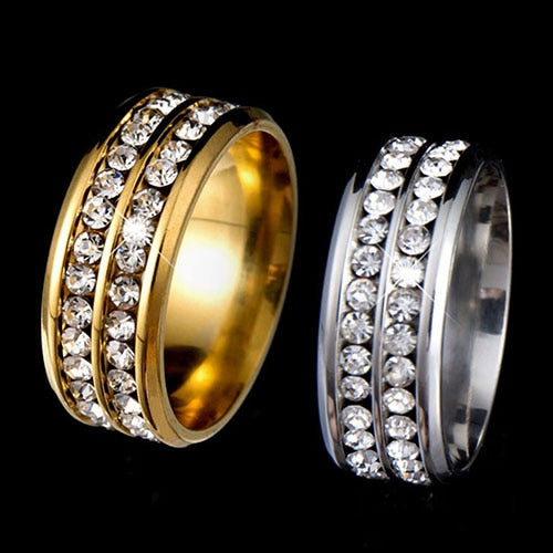 Womens Mens Fashion Double Rows Rhinestones Titanium Steel Wedding Jewelry Ring  8ULZ BDBK