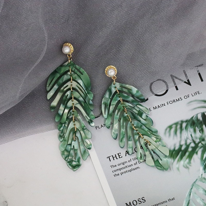 JURAN 2019 new long dangle resin green leaves earrings party jewelry accessories handmade fashion acrylic earrings for women